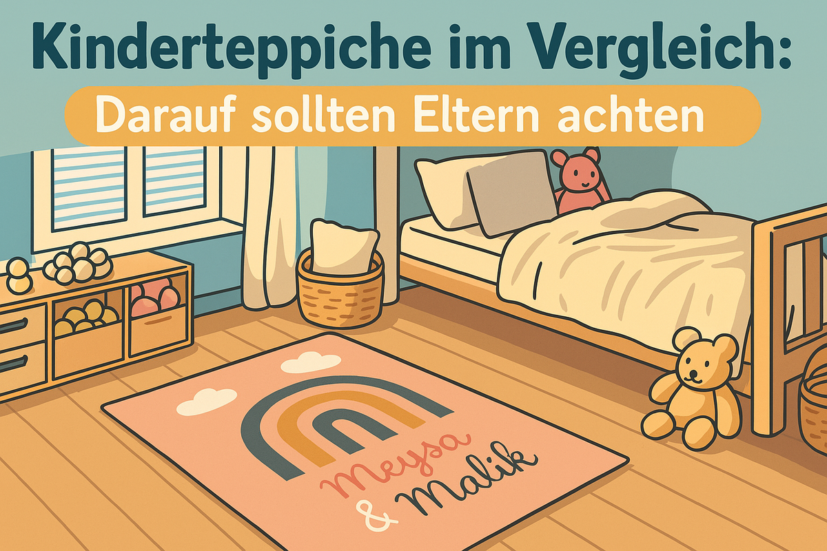 Illustration eines Kinderzimmers mit personalisiertem Teppich – Tipps für Eltern zum Kinderteppich-Kauf
