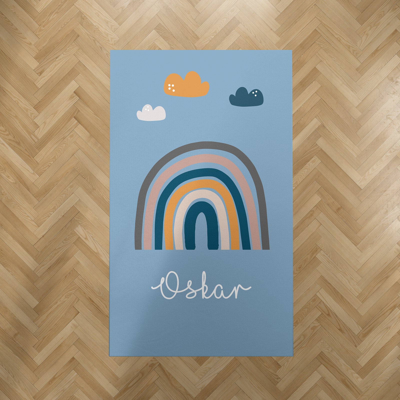 Personalisierter Kinderteppich mit Namen und Regenbogen Motiv in Blau. Weicher Kinderzimmer Teppich für Jungen und Mädchen.