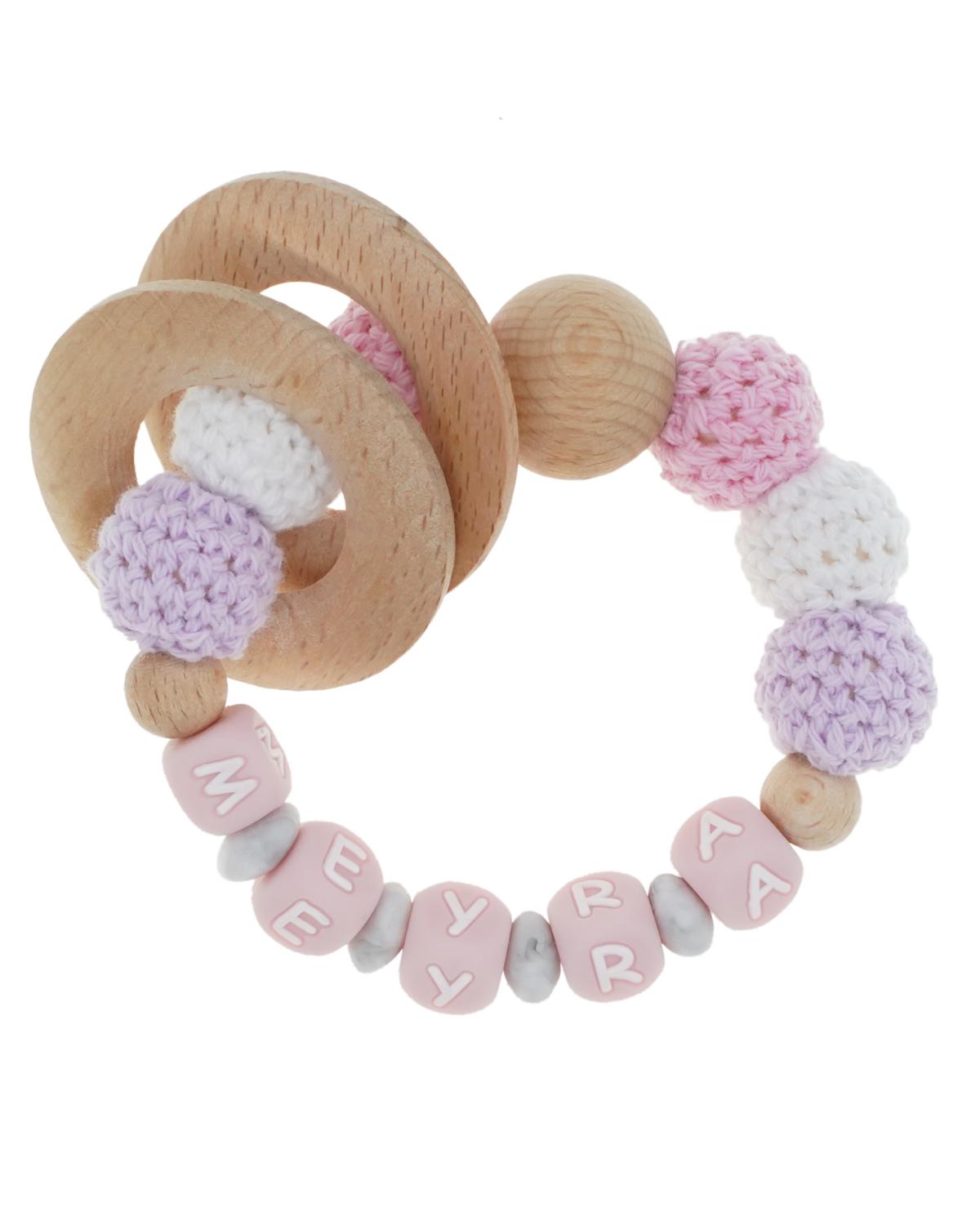 Beißring / Greifling mit Softbeutel aus Wildleder (Personalisiert)